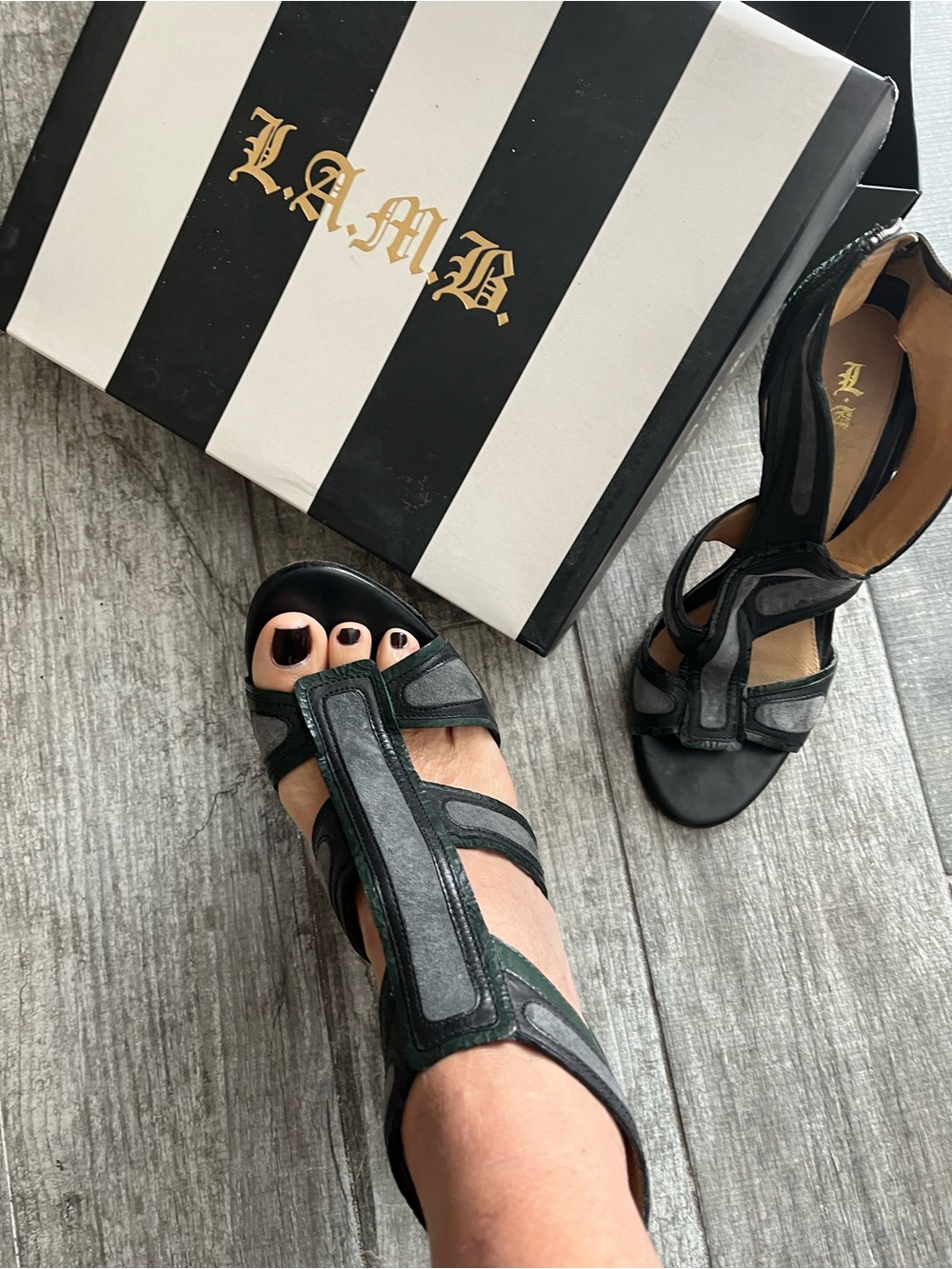L.A.M.B. Black, Gray and Dark Green Strappy High-Heel Sandals